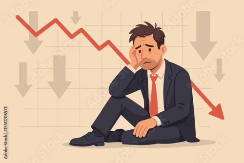 Worried Businessman Sitting Financial Crisis Market Recession Downturn Unemployment Economic Collapse Stock Loss Bear Market Negative Growth Decline Stress Cartoon Vector Illustration