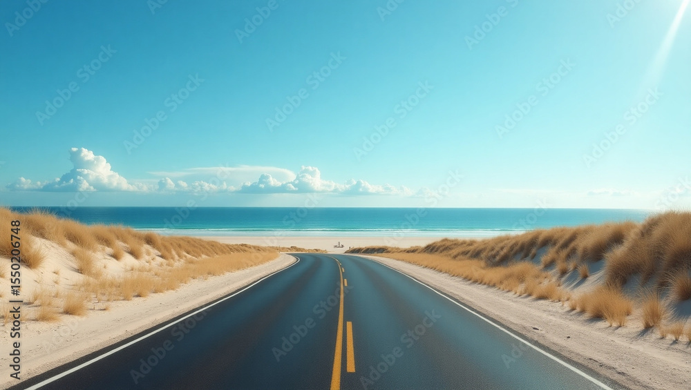 Fototapeta premium A sleek, asphalt coastal road stretches towards the vanishing point, surrounded by lush greenery and sparse palm trees