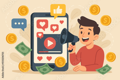 Social Media Influencer Marketing, Earning Money with Viral Video Content, Digital Advertising, Online Engagement, Smartphone Communication, Likes, Shares, Cartoon Vector Illustration