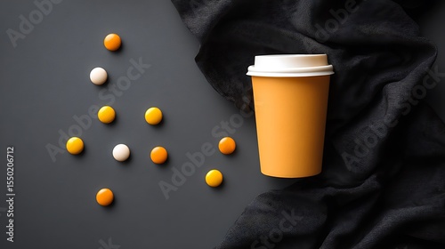 Orange coffee cup with white lid rests on dark textured fabric next to scattered candy