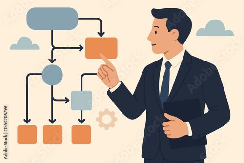 Businessman Analyzing Workflow Process. Flowchart Diagram Planning. Organizational Structure Management. Corporate Strategy. Decision Making. Project Workflow Optimization. Vector Illustration