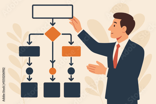 Business Workflow Visualization. Manager Presenting Flowchart Diagram for Process Optimization, Project Management, Decision Making, Corporate Strategy, Teamwork, Planning. Vector Illustration