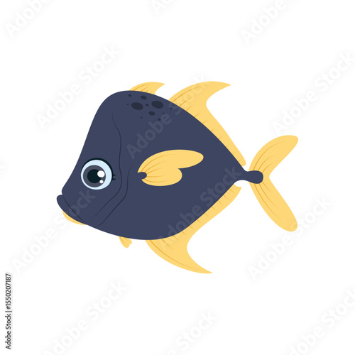 A cute tropical fish with a dark blue body and yellow fins. A fun and colorful sea animal, perfect for kids' projects and underwater themes