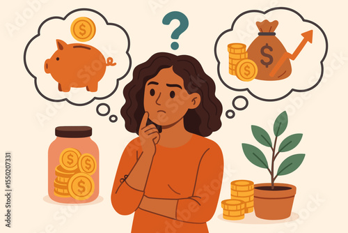 Thoughtful Woman Considering Savings vs Investment Options for Financial Growth and Security. Money Management Decision, Personal Finance Planning, Piggy Bank, Coins, Budget, Wealth Increase Vector