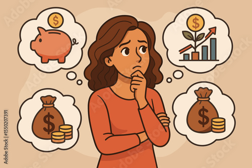 Thoughtful woman considering financial planning options. Saving money, investment, budget, banking, wealth management, income growth, future security, cartoon vector concept, finance decision making