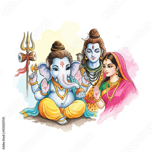 Lord Ganesh with Lord Shiva and Parvati Isolated on Transparent PNG Background- Watercolour Art