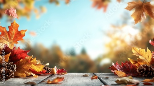 A serene autumn scene showcasing vibrant red and orange leaves, pine cones, and a wooden surface, invoking feelings of warmth and nostalgia for the changing seasons.