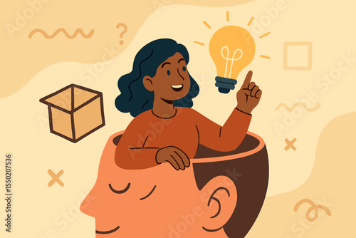 Creative Thinking Concept Illustration. Woman Inside Open Head Raises Finger With Light Bulb Idea. Innovation, Brainstorming, Problem Solving, Imagination, Outside The Box, Abstract Vector Art