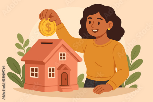 Woman saving money in house-shaped piggy bank, real estate investment, property savings, financial planning, mortgage deposit, home ownership, personal finance, cartoon vector illustration