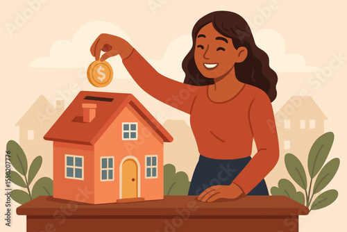 Woman Saving Money in House Shaped Piggy Bank, Real Estate Investment, Home Ownership, Financial Planning, Property Savings, Personal Finance, Mortgage, Wealth Growth, Vector Illustration