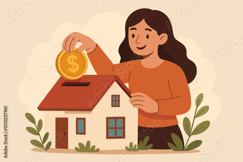 Woman Depositing Coin in House Piggy Bank, Saving Money for Real Estate Investment, Property Purchase, Home Ownership, Financial Planning, Mortgage, Wealth Management, Vector Illustration