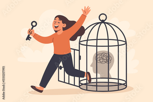 Woman escaping mental cage with key, freedom from anxiety and depression, overcoming inner struggles, positive mindset, mental health liberation, emotional healing, self empowerment concept