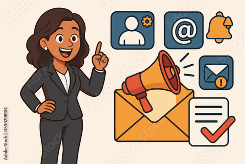 Email marketing promotion concept. Businesswoman with megaphone announcing a digital campaign. Newsletter, communication strategy, CRM, notification and success vector icons.