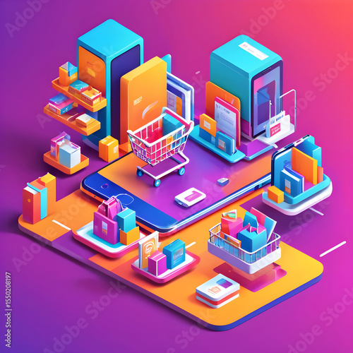 3D isometric illustration of online shopping with smartphone, shopping cart, credit card, delivery boxes, bright color palette, modern vector design, no brand names