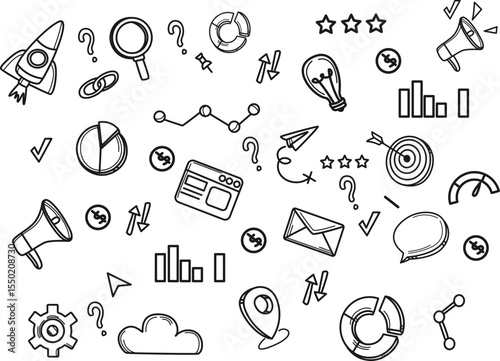Hand-Drawn SEO and Digital Marketing Doodle Icons Seamless Pattern – Vector Illustration for Business, Web Analytics, Data Marketing, and Social Media Concepts