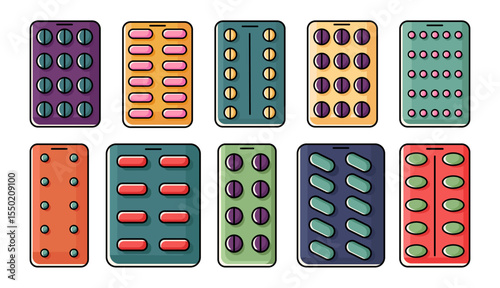 Set of different pills and blister pack isolated on white background. Medical vector illustration of packing of tablets. Capsules of different colors. Painkillers, antibiotics, vitamins, aspirin, drug
