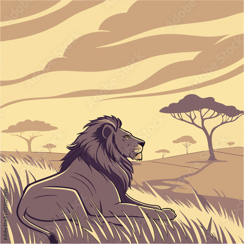 Illustration d’un lion majestueux, couché sur une savane dorée au coucher du soleil, avec sa crinière dense flottant dans le vent.