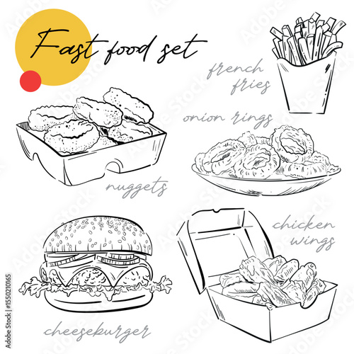 Hand drawn sketches set with fast food products on white background. For menu, cafe, restaurant, web,