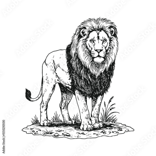Majestic Lion Illustration A Regal Feline Standing Tall in a Grassy Landscape with Fine Hatching Details