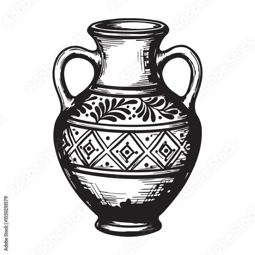 Detailed Sketch of Ornate Amphora Rich with Intricate Floral and Geometric Patterns Embodying Classical Pottery Traditions and Artistic Design Elements