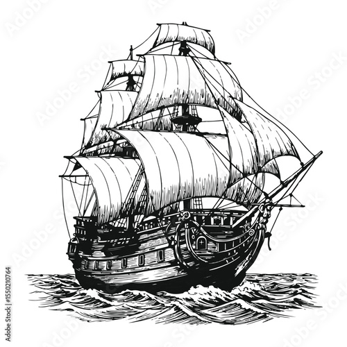 Majestic Tall Ship Sailing on the High Seas A Detailed Black and White Illustration of Nautical History and Adventure