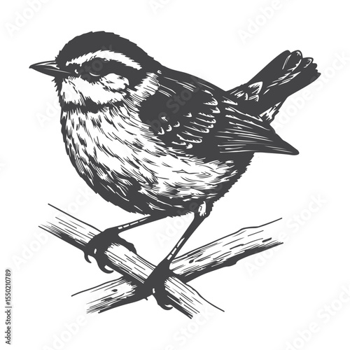 Monochrome Illustration of a Small Bird Perched on a Branch Depicting Wildlife and Nature in Detailed Drawing Style