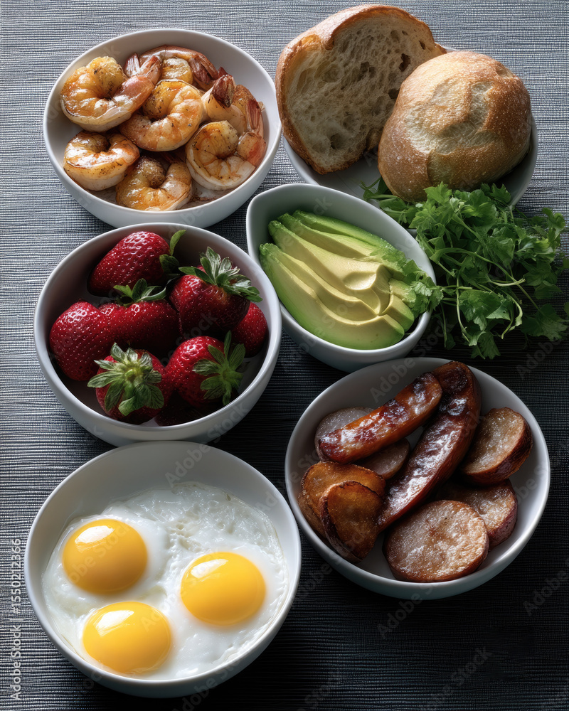 Shrimp bread avocado strawberry egg sausage potato and cilantro breakfast on table Shrimp bread avocado strawberry egg sausage potato and cilantro breakfast on table