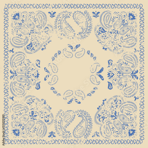 Bandana with paisley pattern and grunge texture. Scarf, fabric, and textile backgrounds. Bandana print featuring ethnic ornaments and abstract swirls.