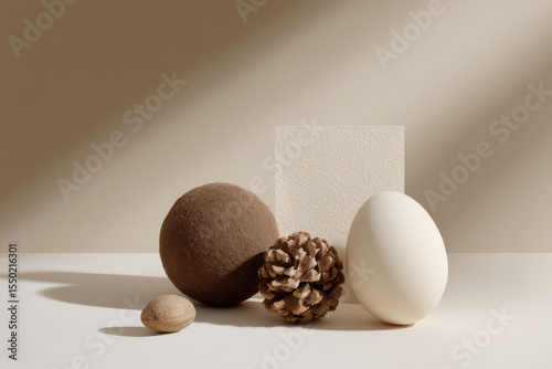studio setup featuring various objects with contrasting textures arranged artistically on clean background