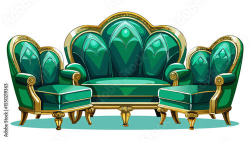 Modern luxury lounge seats in emerald green reflect elegance and tranquility. Isolated on white, the rich velvet upholstery offers classic opulence, perfect for high-end vector scenes or luxury interi