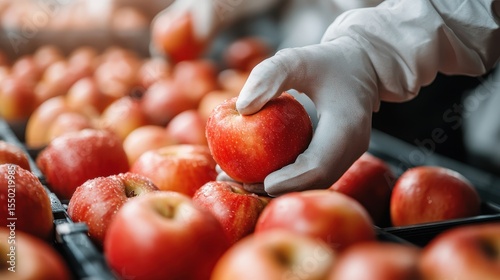 A gloved hand carefully selects a glossy red apple from a bountiful supply, emphasizing the importance of quality and choice in food production and storage.