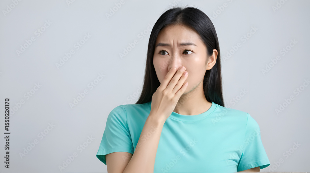 Bad smelling, deodorant asian young woman hand squeeze, covering nose smell stink, breathing smelly disgust strong, expression face dislike odor, smelly armpit underarm. Medical health, skin body care Bad smelling, deodorant asian young woman hand squeeze, covering nose smell stink, breathing smelly disgust strong, expression face dislike odor, smelly armpit underarm. Medical health, skin body care