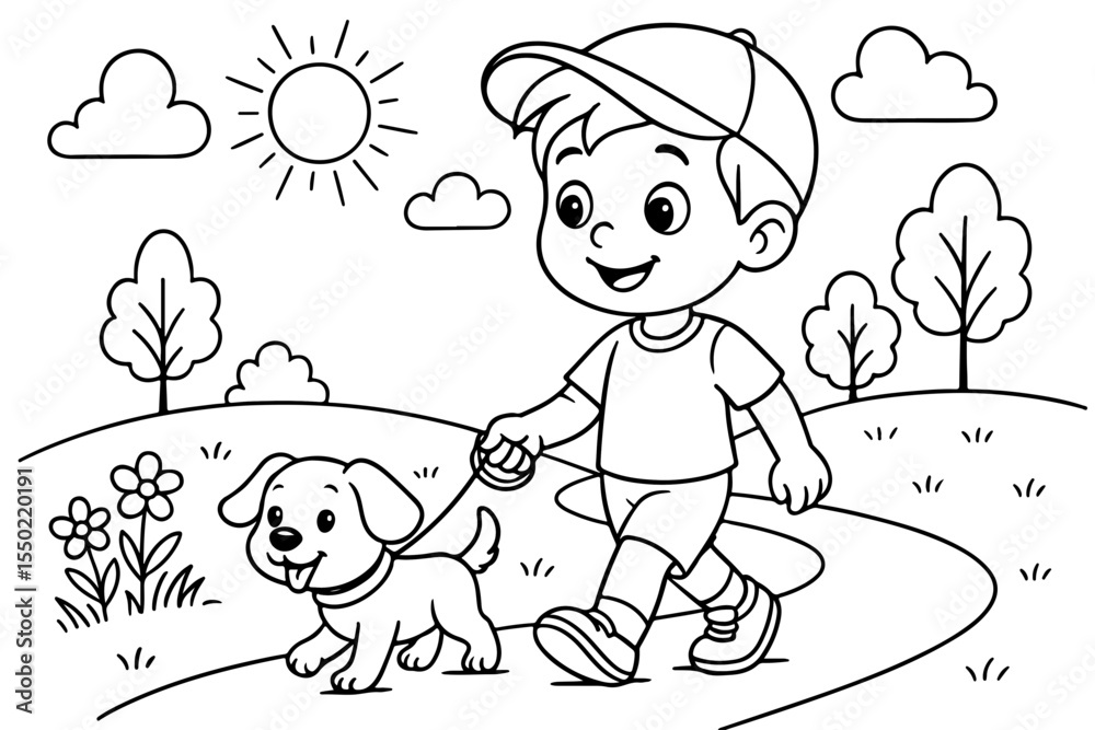 Boy walking a playful puppy on a leash in a sunny park setting in a coloring page style