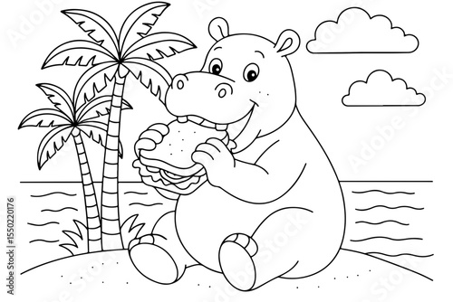 Happy hippo sitting on the beach enjoying a sandwich with palm trees and ocean in a coloring page style