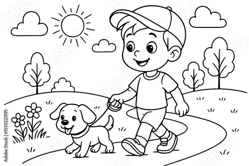 Boy walking a playful puppy on a leash in a sunny park setting in a coloring page style