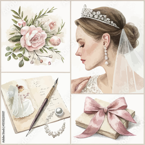 Five elegant wedding elements arranged in a 2×2 grid with center veil on white background. Watercolor and pencil textures. Soft pastel tones, no shadows, balanced and refined composition.