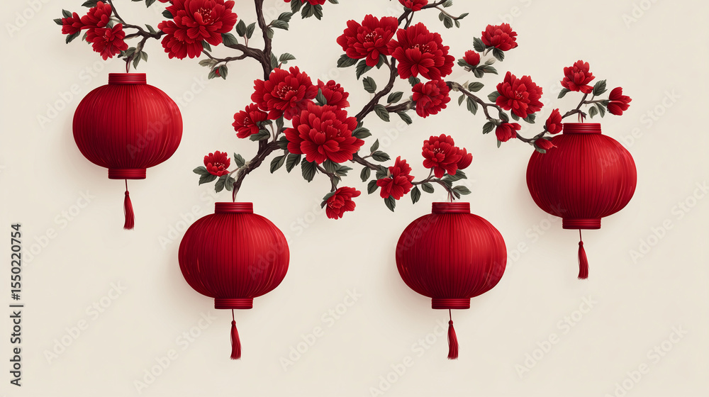 Fototapeta premium Red Chinese lanterns hanging from flowering branch on beige background 