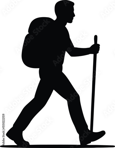 Silhouette hiker walks with trekking poles vector Illustrator
