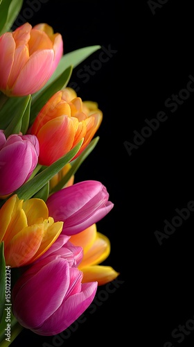 Vibrant pink and orange tulips with green leaves against a stark black background