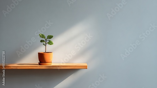 A small potted plant sits on a wooden shelf against a light blue wall with dappled sunlight