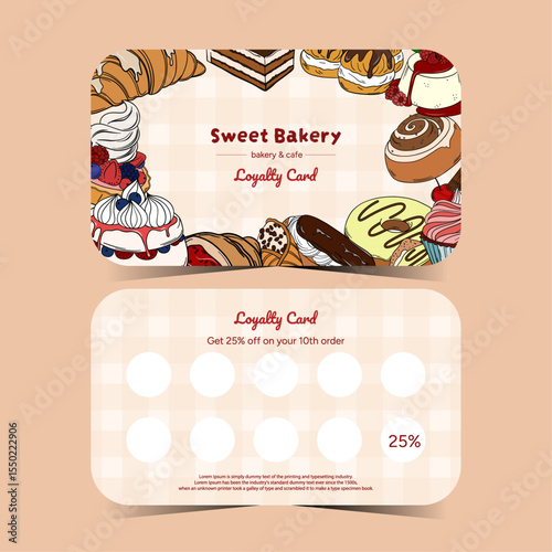 Business loyalty card with baked goods. Dessert, pastries discount for your branding. Front and back bakery card