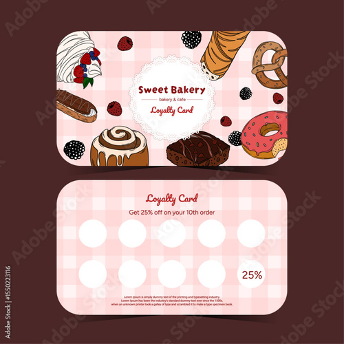 Business loyalty card with baked goods. Dessert, pastries discount for your branding. Front and back bakery card