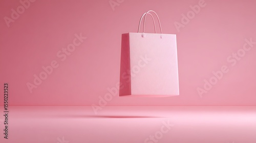 A minimalist pink shopping bag floats in the air against a soft pink background