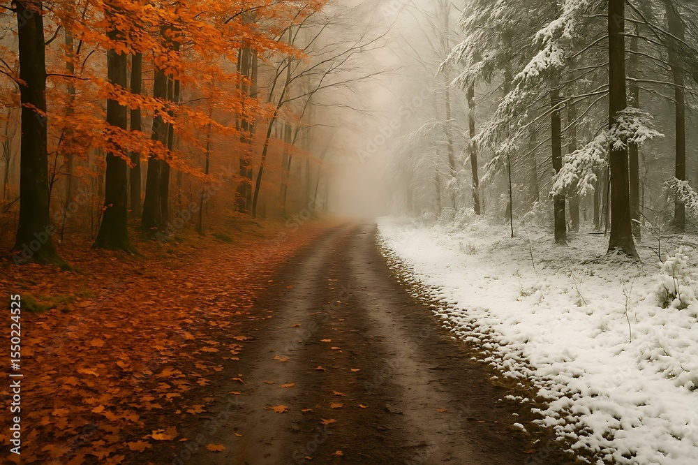 Fototapeta premium Seasonal Border: Forest Path Split by Rain and Fresh Snow