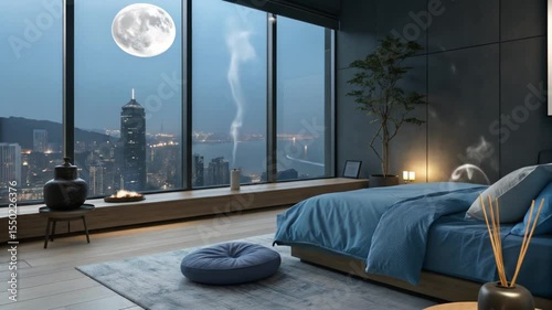 Luxury bedroom interior design with city view and moon, modern apartment decor inspiration ideas