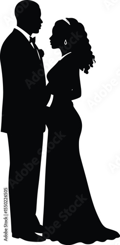 Couple wearing fancy vintage clothes, black silhouette isolated on white, lady and gentleman, vintage illustration