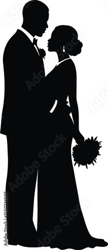 Couple wearing fancy vintage clothes, black silhouette isolated on white, lady and gentleman, vintage illustration