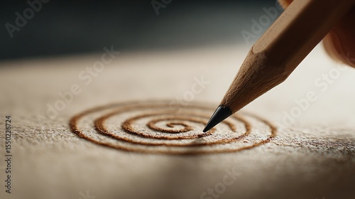 Close up of a pencil drawing a spiral pattern on textured paper