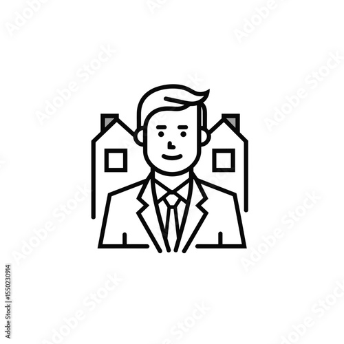 Real estate agent smiling confidently in front of houses, professional illustration