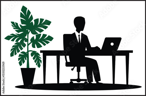  Business Man at Desk with Laptop Office Silhouette - Professional Executive Workspace Icon